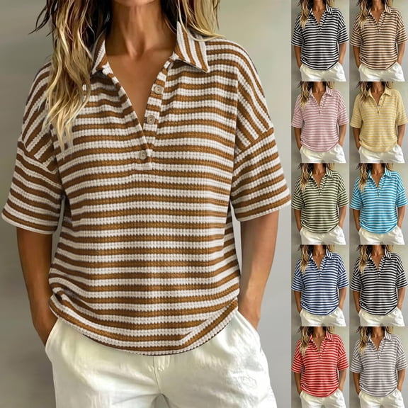 Ounisa Women's Casual Striped Waffle Texture Camp Collar Button Short Sleeve Top Soft Breathable Lightweight Comfy Blouse