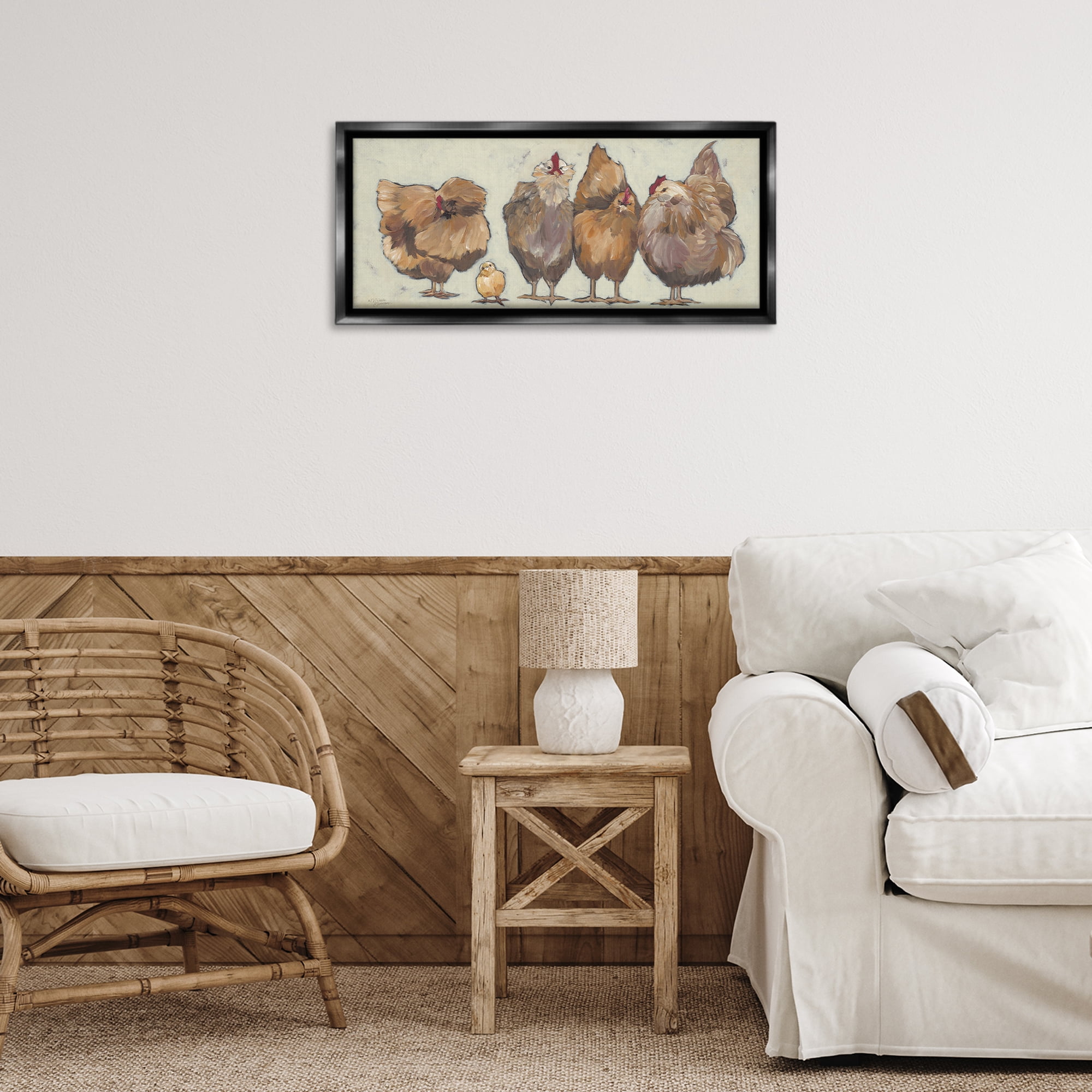 Stupell Industries Brown Hens and Chick Animals & Insects Painting Black Floater Framed Canvas Art Print Wall Art, 25 x 11