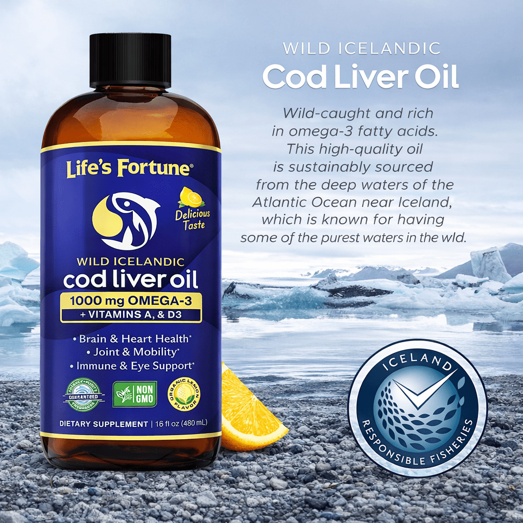 Life's Fortune Cod Liver Oil Liquid, Lemon Flavor, 16 Oz, 1000 Mg Omega 3 Supplement, Fish Oil Liquid, Wild-Caught, Non-GMO