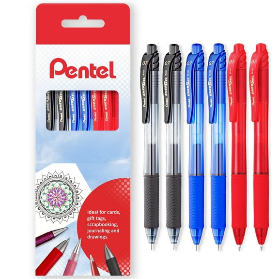 Pentel Energel X BL107 Retractable Gel Rollerball Pens - 0.7mm Nib - Black, Blue, Red - Gift Box of 6