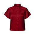 thumbnail image 4 of Uootdi Work Tops for Women Stand Collar Flutter Short Sleeve Button Front Plain Satin Womens Shirts Straight Fit Business Casual Silky Summer Blouses for Women, 4 of 5