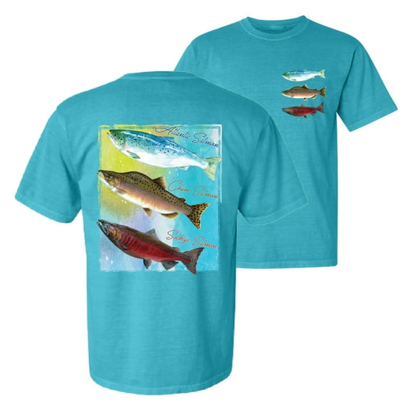 Wild Bobby, Atlantic Chum Sakeye Salmon Fish Trio, Fishing, Front and Back Garment-Dyed Short Sleeve Tees, Blue Lagoon, Small