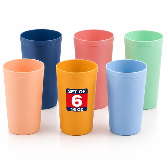 MASTERCOOK Reusable Plastic Cups 16 oz Set of 6, BPA-Free Tumblers, Bright