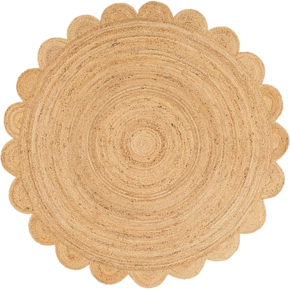 Indian Handwoven Braided Natural Jute Scalloped Round Rug, Bedroom, Entryways, Dining Room, Hallways, Kids' Rooms, Size - (4' Round)