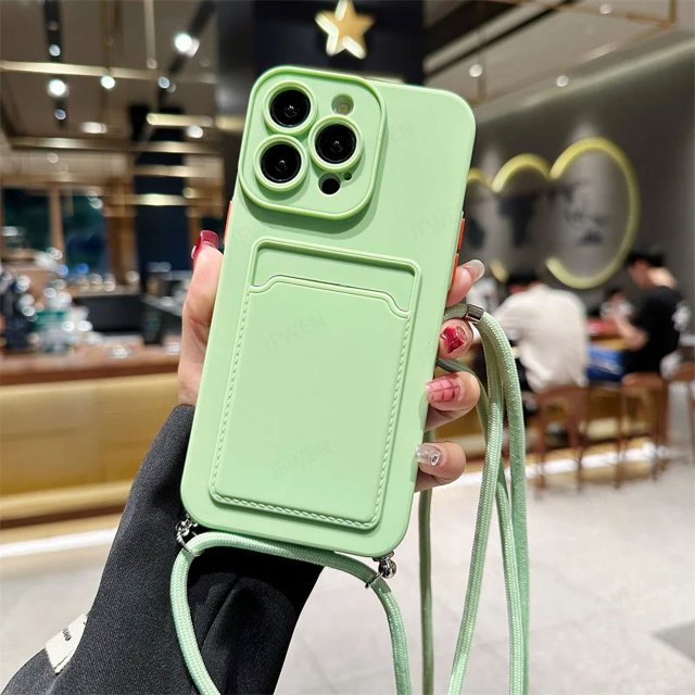 Crossbody Lanyard Solid Color Card Bag Case For iphone 15 14 13 12 Mini 11 Pro Max Plus XS X XR Shockproof Silicone Back Cover Light Green For iphone 14