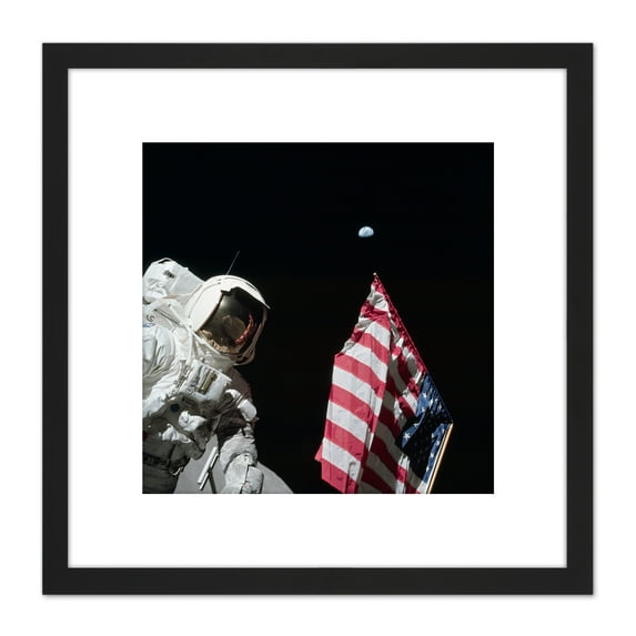 Moon Apollo 17 Astronaut Earth Flag Photo 8X8 Inch Square Wooden Framed Wall Art Print Picture with Mount