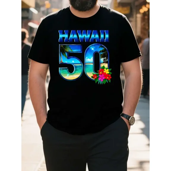 Men's Vintage Hawaii T-Shirt - Heavyweight 100% Cotton Crew Neck Tee with Tropical Hawaii 50, Regular Fit All-Season Shirt for Travel, Gym, Casual Attire - Ideal Hawaiian