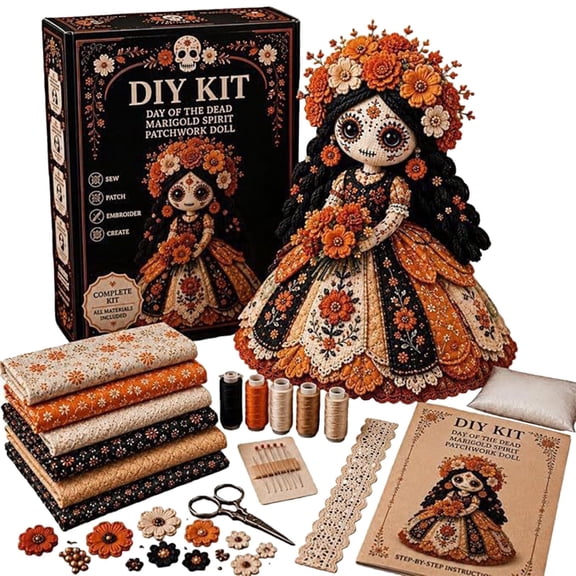 Halloween Patchwork Doll DIY Kit A, Sewing Craft Kit for Adults, Handmade Fabric Doll Making Set with Accessories, Fall Holiday Home Decor Ornament