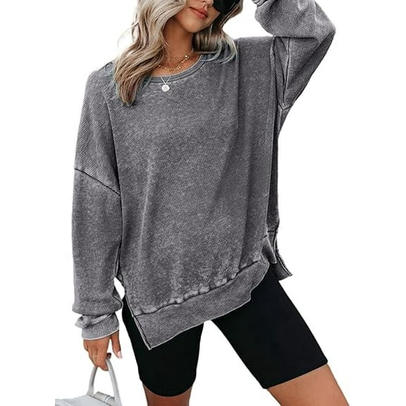 Women's Oversized Waffle Knit Crewneck Sweatshirt Long Sleeve Side Slits Casual Pullover Top