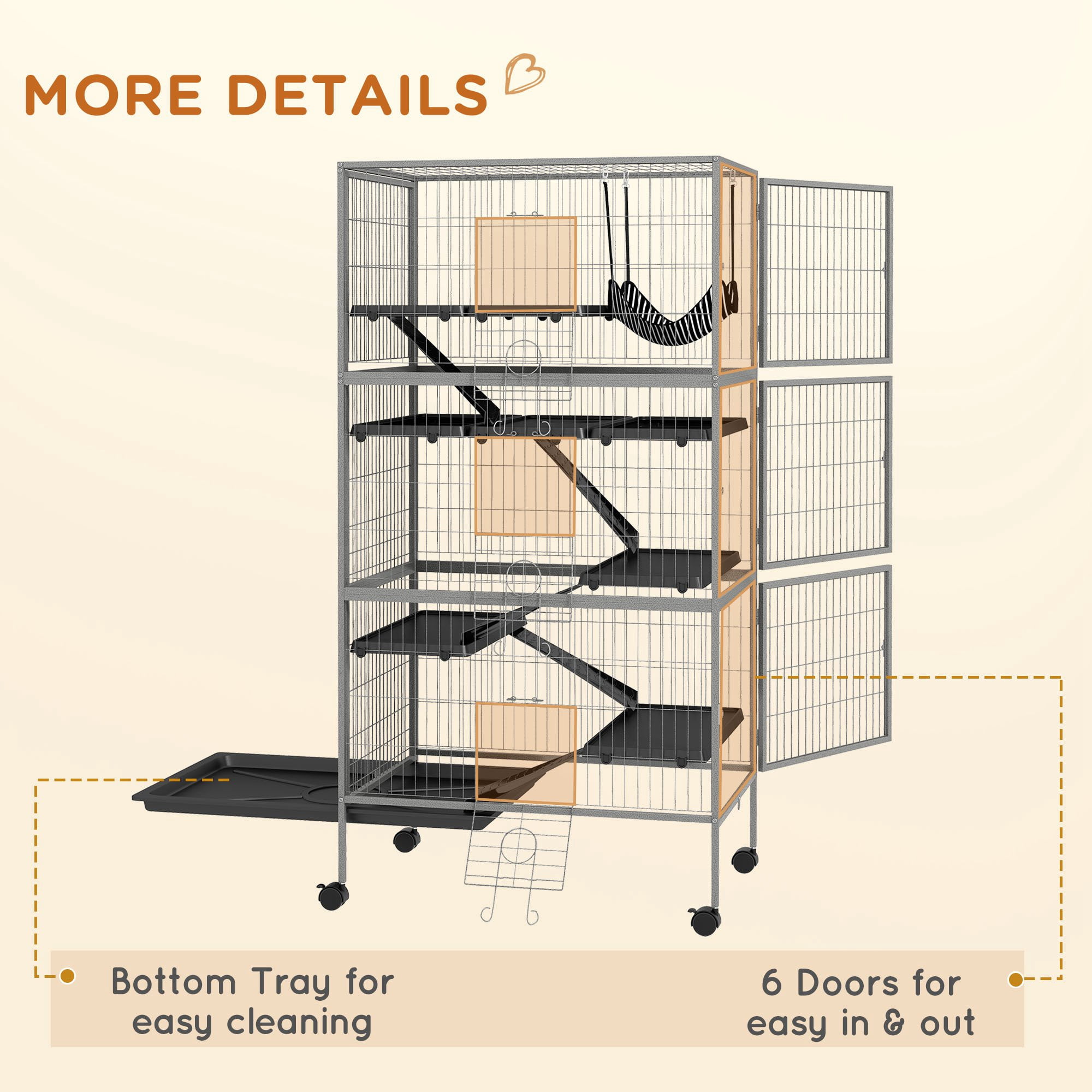PawHut Rolling Small Animal Cage Pet for Rabbits, Chinchillas, Ferret with Wheels, Hammock, 6 Platforms and Removable Tray, Gray