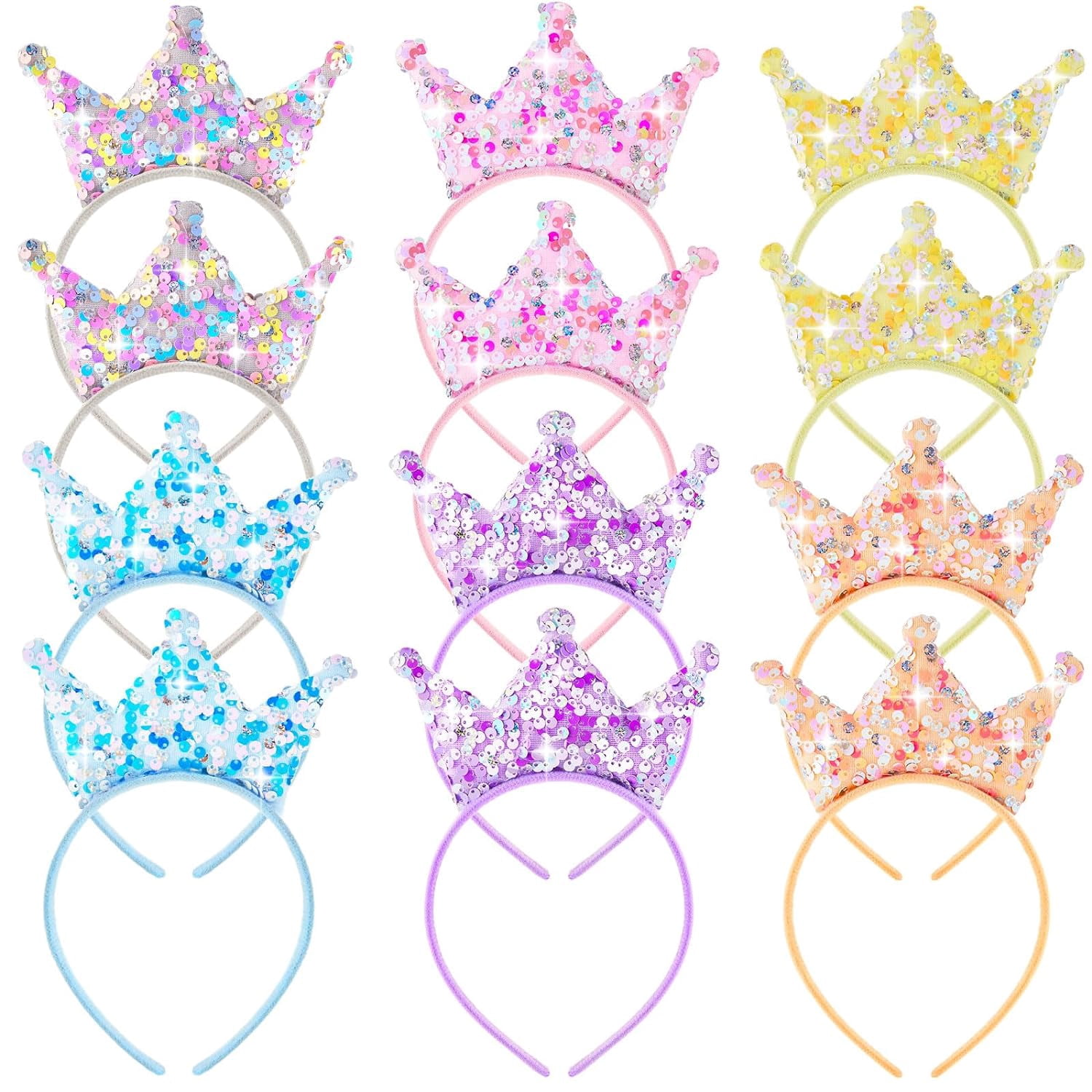 12 Pack Princess Party Favors Princess Crowns Headband Decorations Glitter Sequin Headband for Birthday Proms Gifts(Light Colors,Glitter)