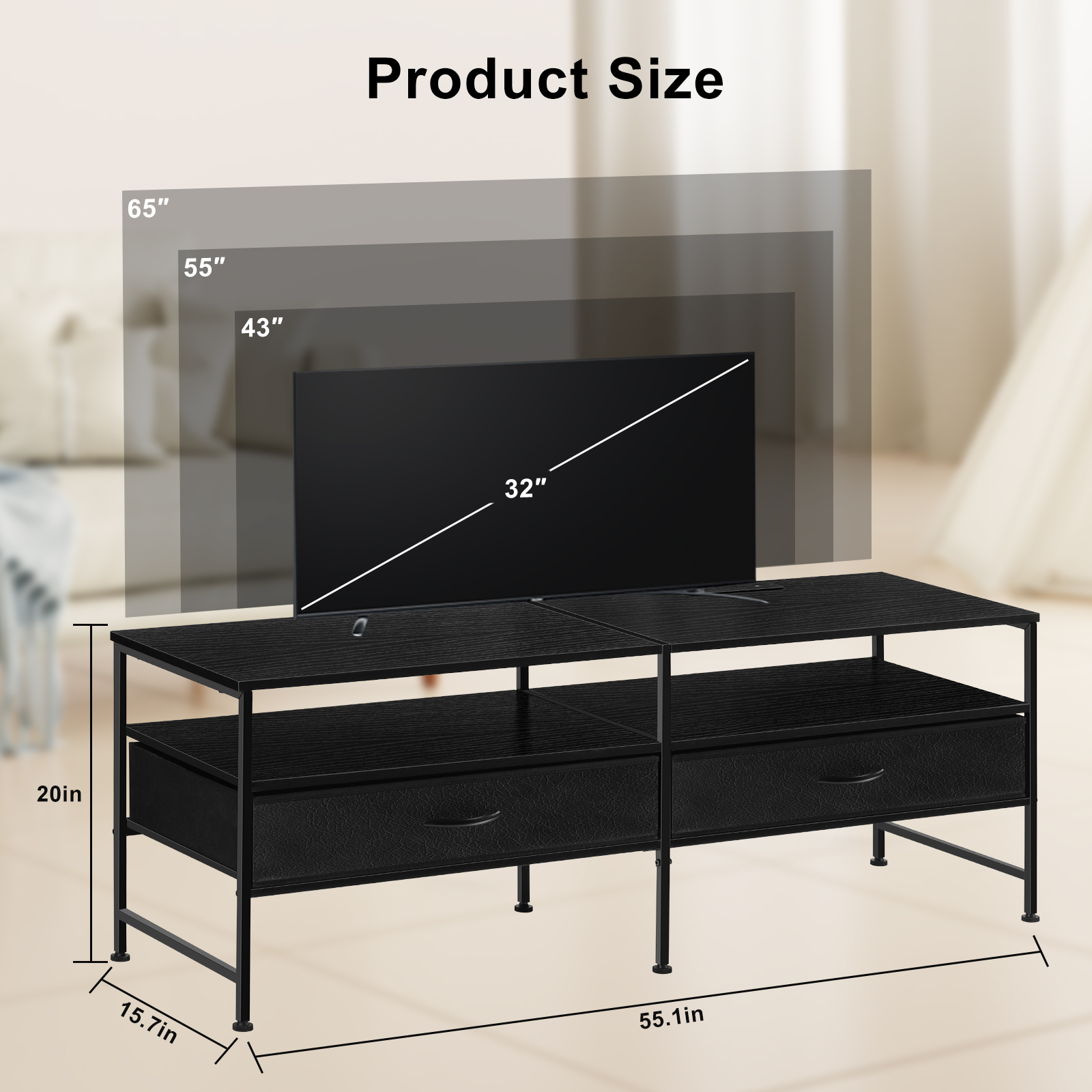 55"L Extended TV Cabinet Industrial TV Cabinet with Fabric for Living Room, Bedroom with Charging Stake Black