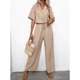 thumbnail image 4 of Women'S Casual 2 Piece Set V-Neck Short-Sleeved Tops Straight Wide Leg Pants Outfit Khaki S, 4 of 9