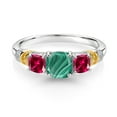 thumbnail image 2 of Gem Stone King 925 Silver and 10K Yellow Gold Green Malachite and Red Created Ruby and Diamond 3-Stone Ring for Women (2.26 Cttw, Gemstone Birthstone, Cushion 6MM and 4MM, Size 9), 2 of 3