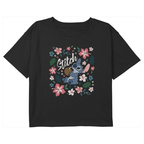 Girl's Lilo & Stitch Floral Poster Graphic Cropped T-Shirt Black Medium