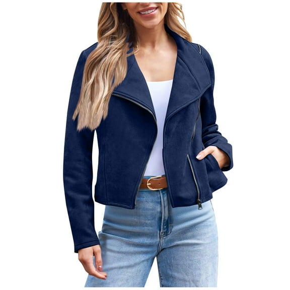 Lcziwo Casual Faux Suede Jacket for Women Full Zip Lapel Coats Plain Long Sleeve Cropped Outerwear Fall Fashion Winter 2025 Outfits Blue,L