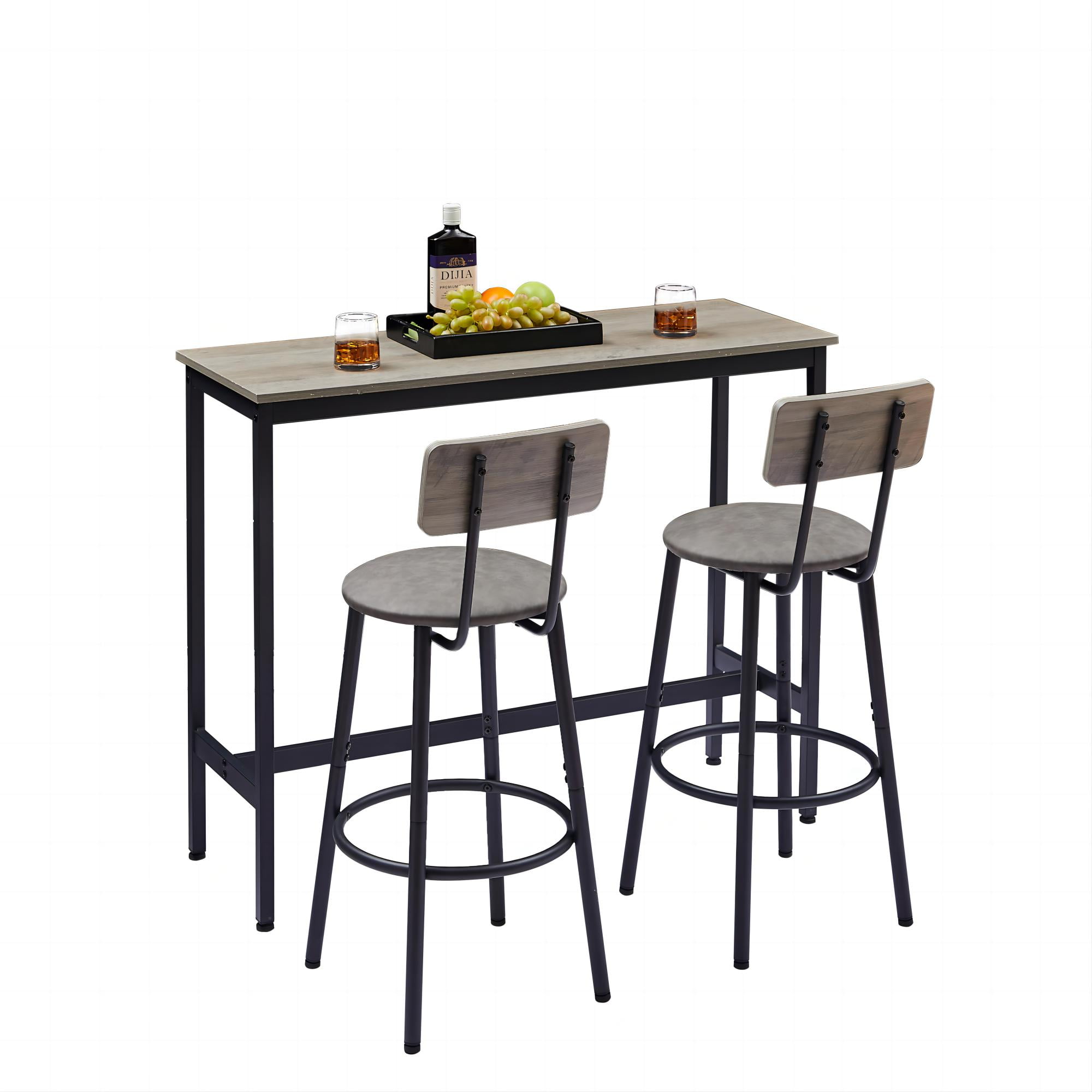 DEALTOPS Bar Table Set with 2 Bar stools PU Soft seat with backrest-Grey