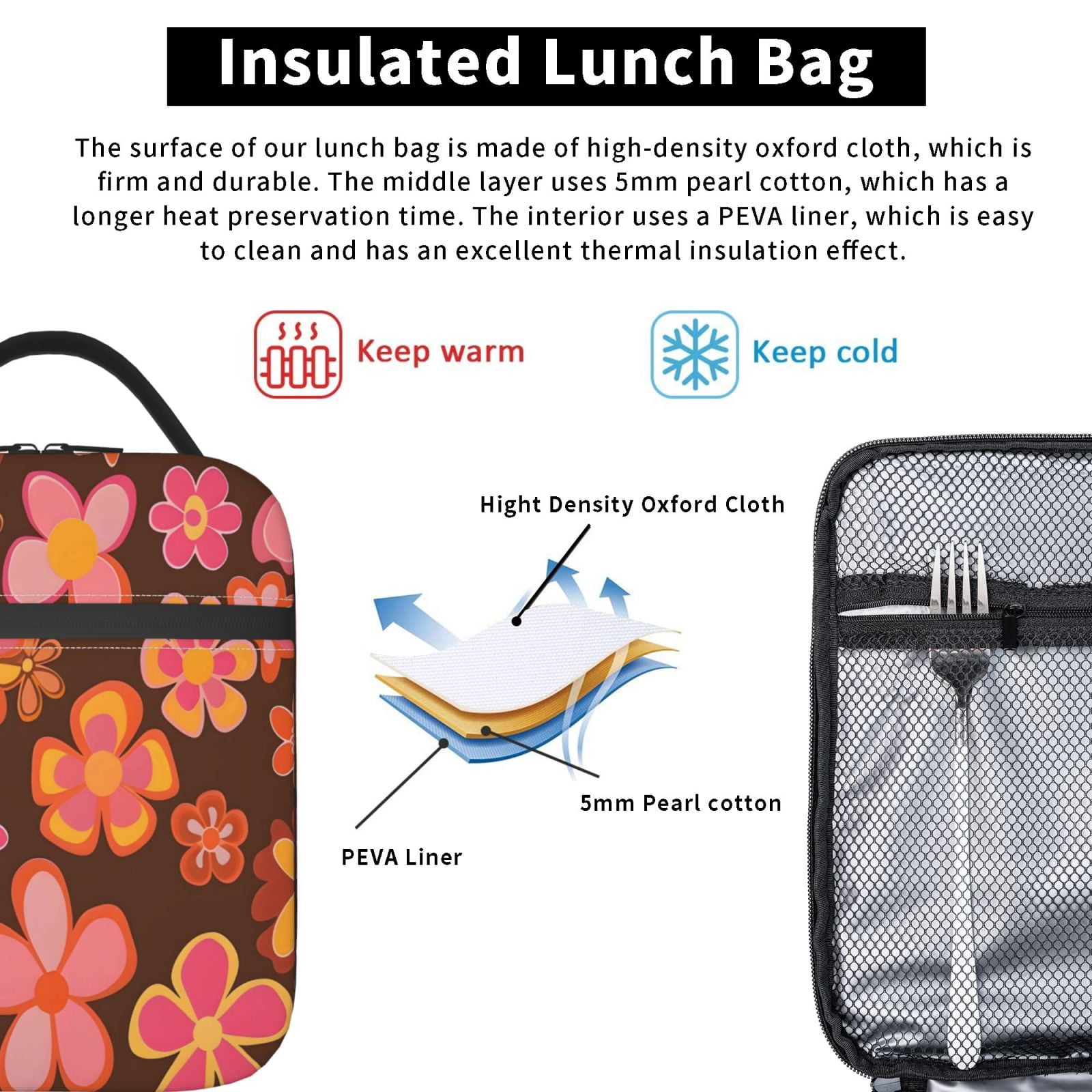 Lunch Bag For Women Men Insulated Portable Lunch Box Bento Box Office Picnic Travel Cooler Bag Retro Groovy Flowers Pattern (11)