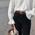 thumbnail image 5 of Women's Pleated V Neck Puff Long Sleeve Button Down Blouse White S, 5 of 8