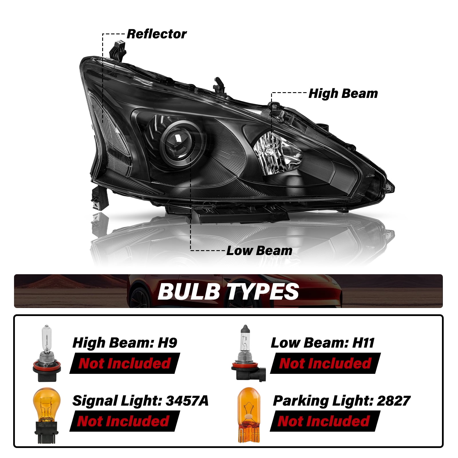 Bryght For 2013-2015 Nissan Altima Sedan Black Headlights Assembly Headlamps Pair