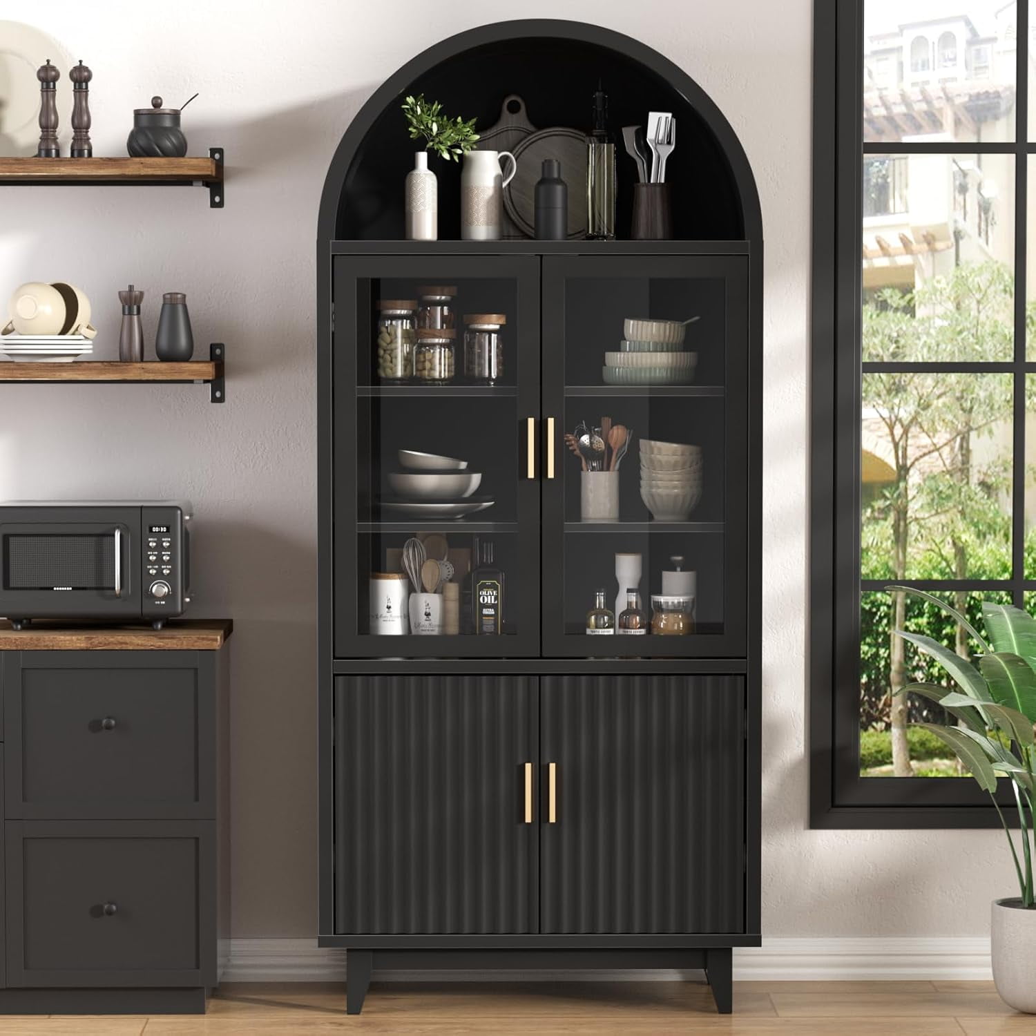Vabches Arched Kitchen Pantry Storage Cabinet, 71" Tall Fluted Cabinet with 2 Glass Doors, 2 Doors for Kitchen, Living Room, Bedroom