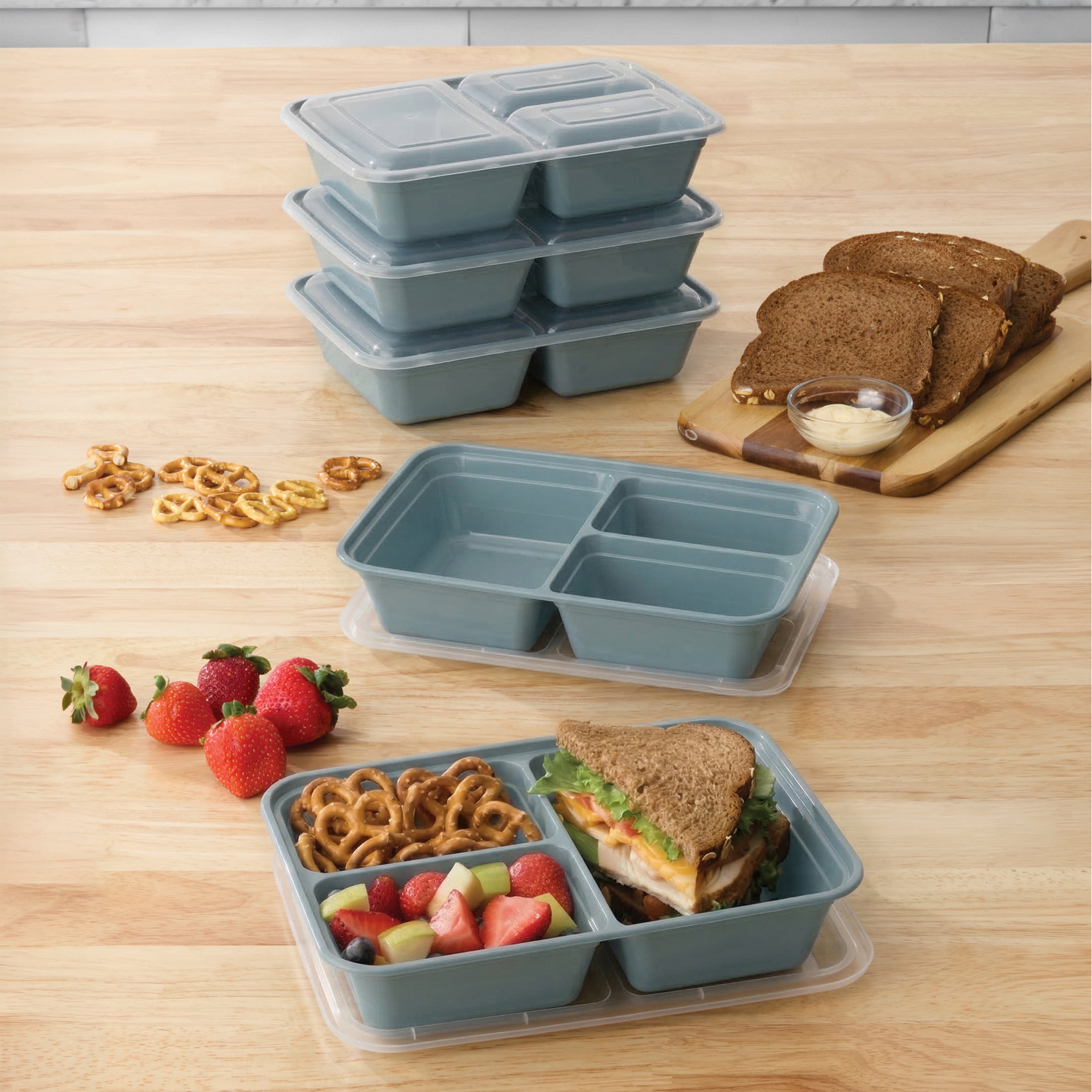 Mainstays 5-Pack 3-Compartment BPA-Free Plastic Meal Prep Food Storage Containers, 1.2L, Blue Cameo