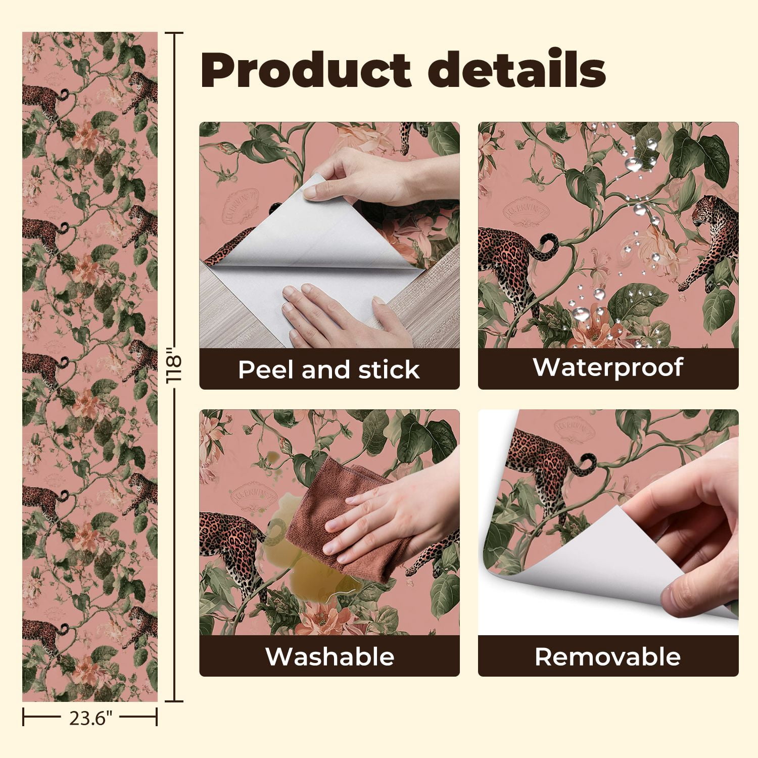 Peel and Stick Wallpaper Leopard Floral Botanical Soft Pink Wall Mural 23.6in x 9.8ft Self Adhesive Removable Wall Paper Renter Friendly Wallpaper for Nursery Bedroom Cabinets