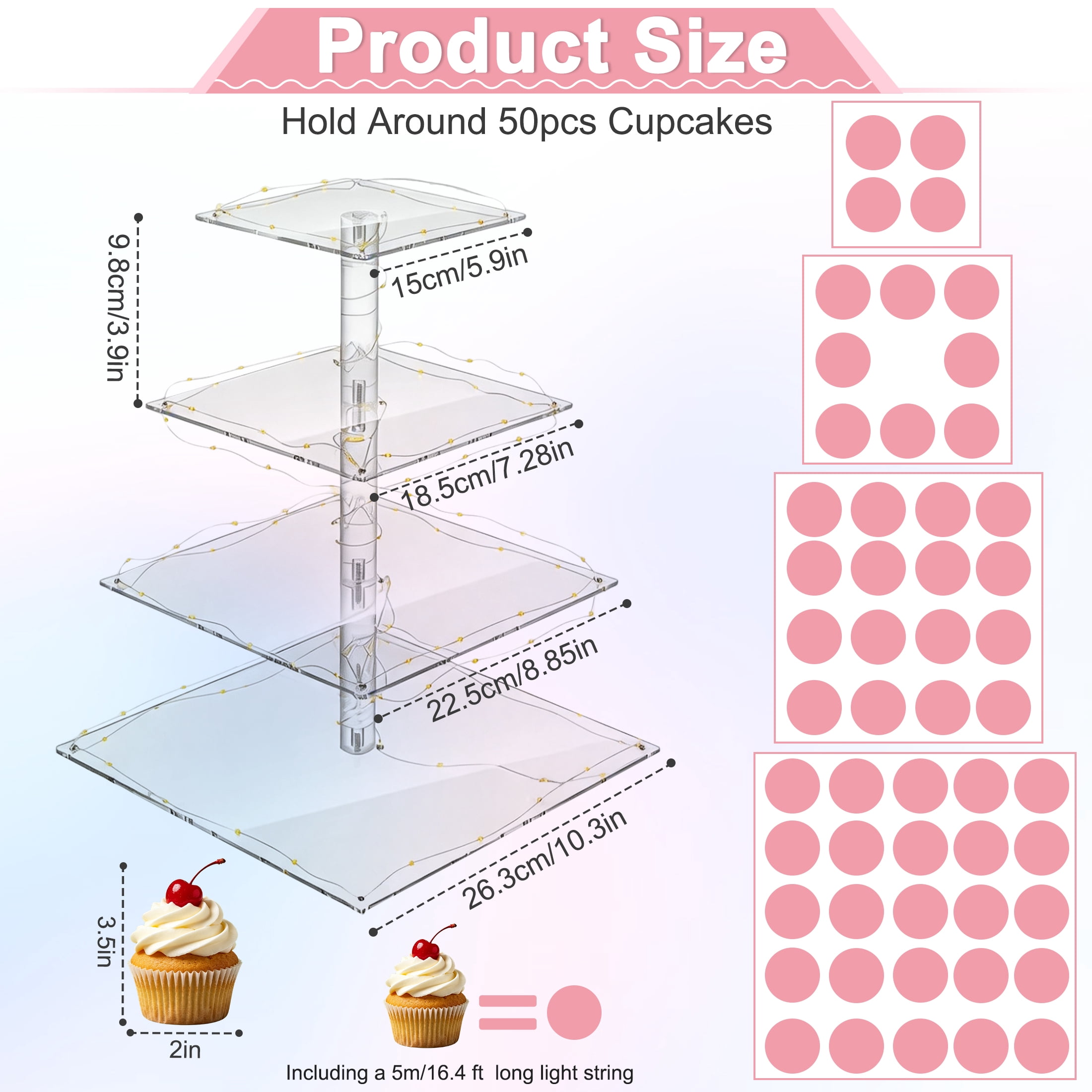 4‑Tier Square Cupcake Stand, Clear Dessert Tower Display Holder with LED Light String, Holds up to 50 Cupcakes for Birthday Wedding Party Tea Serving