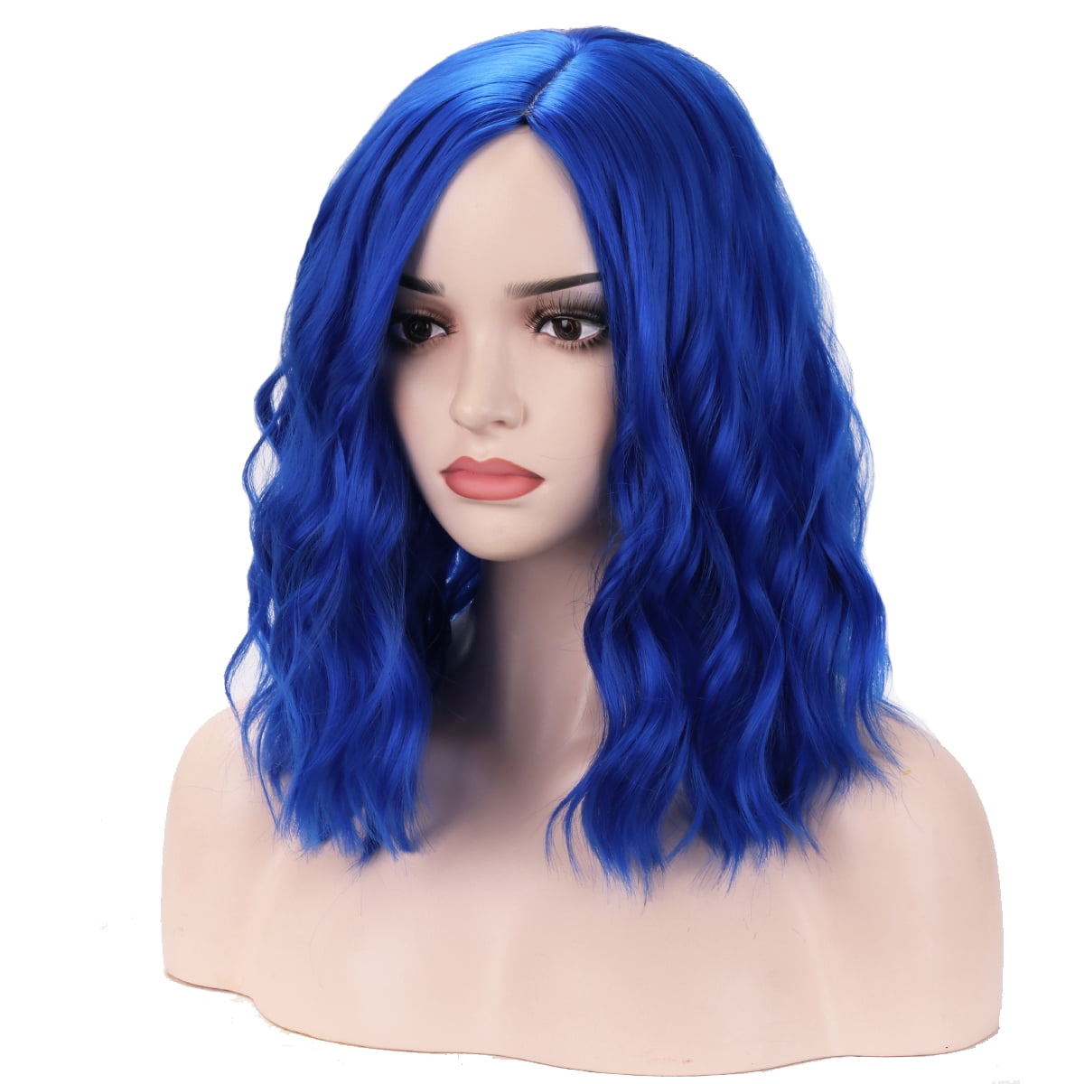 RightOn 14" Women Girls Blue Wig Short Curly Wig Dark Blue Bob Wig Blue Hair Wig Charming Beach Wave Wigs with Wig Cap