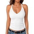 thumbnail image 2 of Halter Tops for Women Ribbed V Neck Racerback Tank Tops Summer Crop Gym Workout Top Fitted Basic Cute Going Out Top White M, 2 of 5