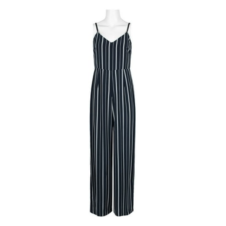 Laundry Spaghetti Strap Concealed Zipper Back Stripe Print Crepe Jumpsuit-NAVY IVORY