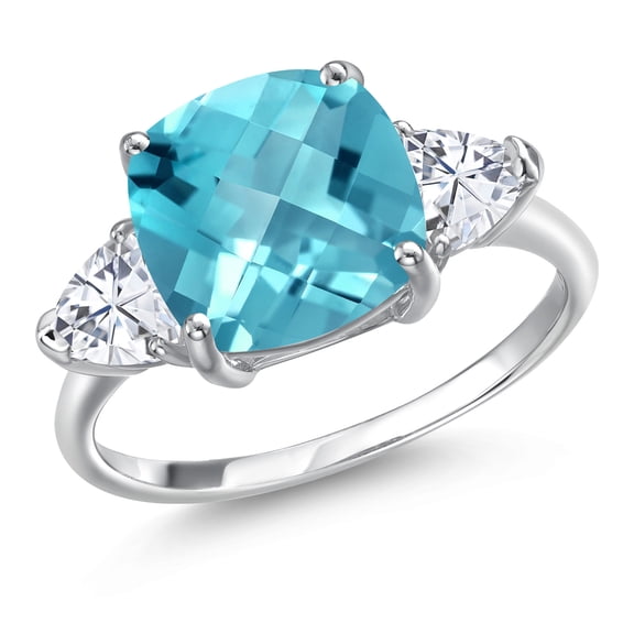 Gem Stone King 10K White Gold Swiss Blue Topaz and White Moissanite Engagement Ring for Women | 4.99 Cttw | Cushion Checkerboard 10MM | Gemstone November Birthstone | Size 7