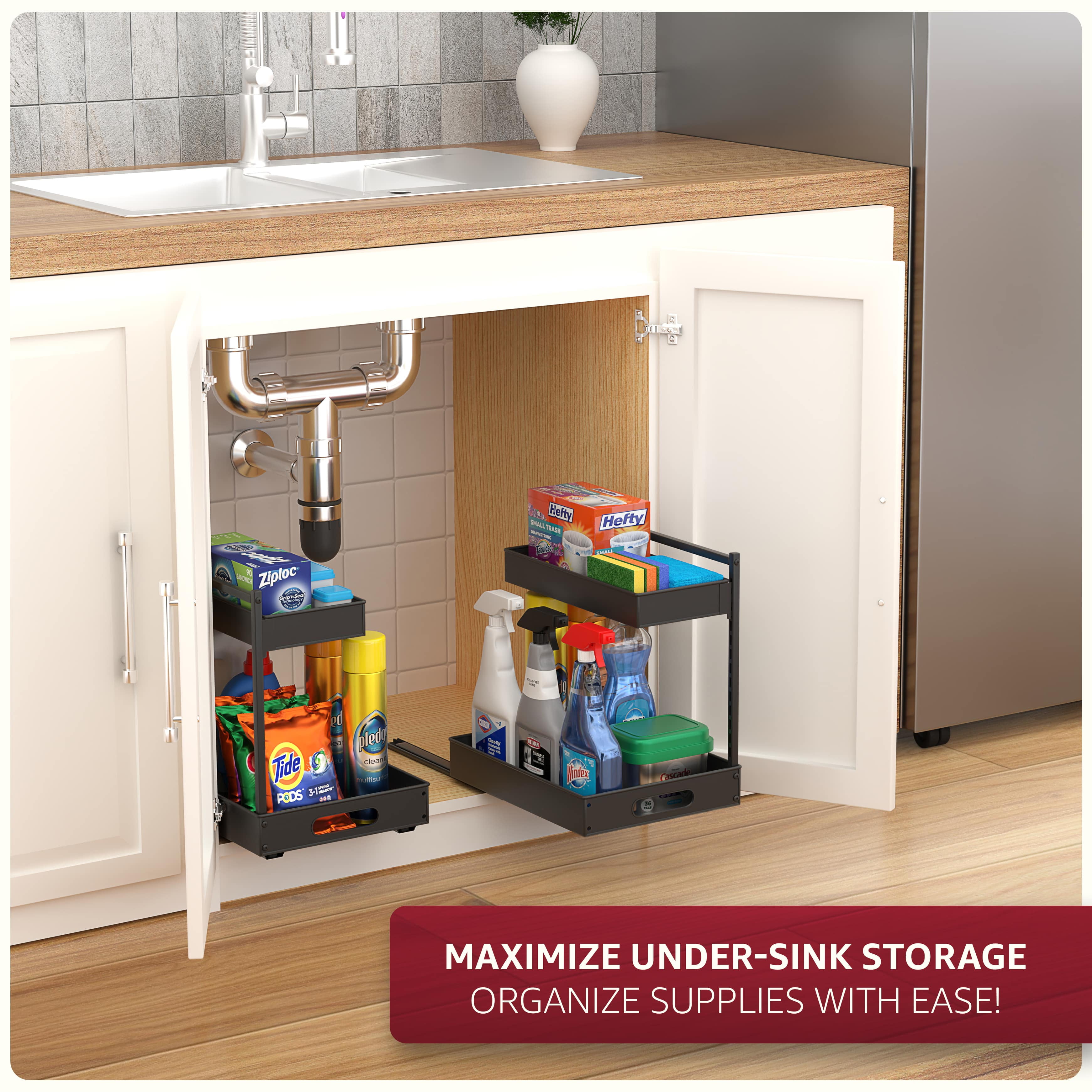 Sorbus 2-Tier Under Sink Organizer with Sliding Drawers, No-Drill Storage Rack (2 pack Black)