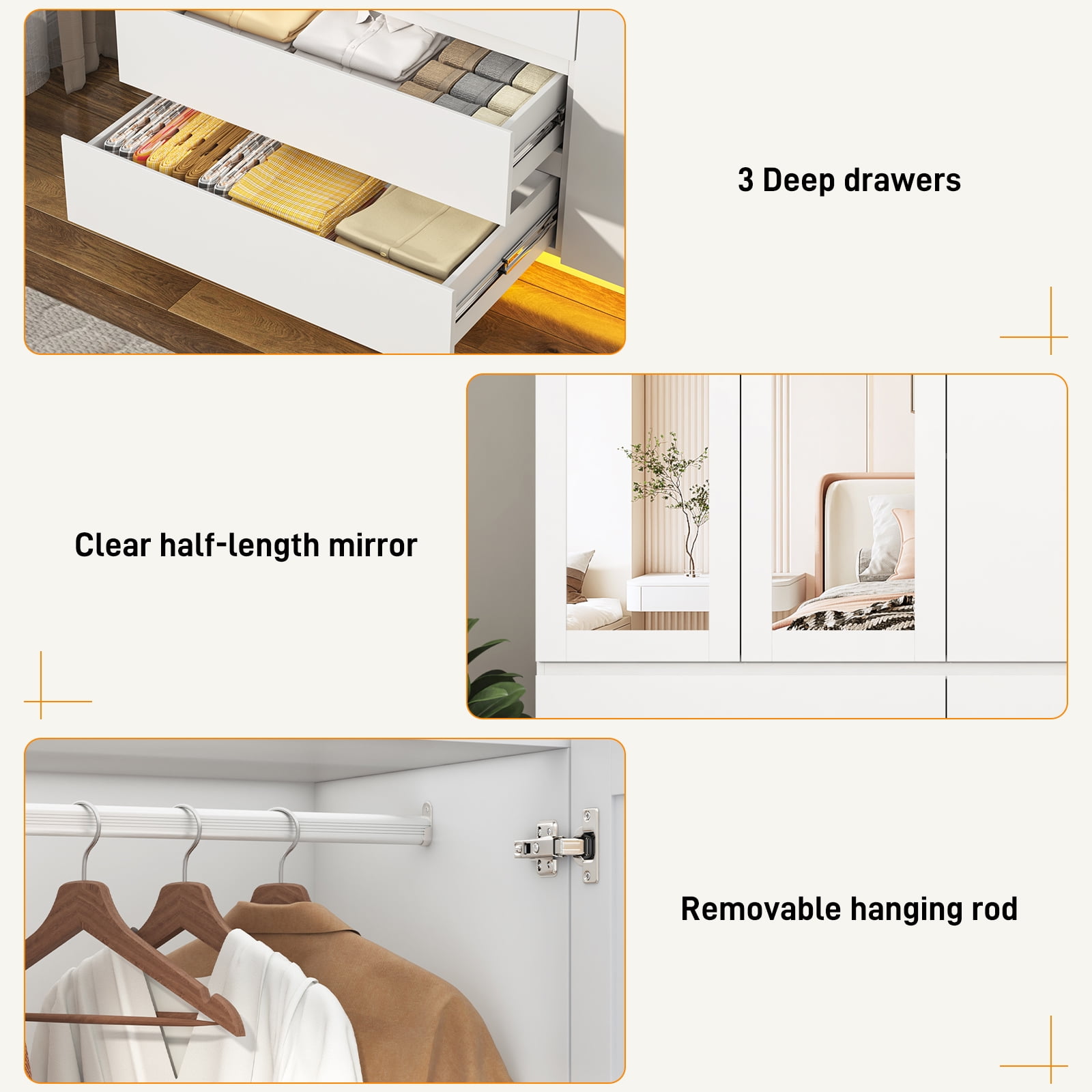 75" Tall 3 Doors Armoire Wardrobe Closet with  3 Drawers and Mirror, Large Wardrobe Closet for Bedroom with LED Lights, Wooden Armoire Storage Cabinet with Hanging Rod, Adjustable shelves (White)