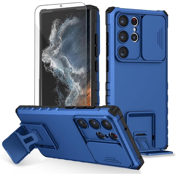 for Samsung Galaxy S22 Ultra Phone Case with Tempered Glass Screen Protector Slide Camera Lens Kickstand Military-Grade Bumpers Shockproof Protective Cover for Women Men Girls Blue