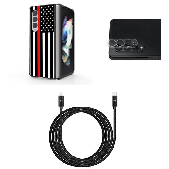 Accessory Bundle for Galaxy Z Fold 4: Slim Snap-On Case (Thin Red Line USA Flag), Rear Camera Glass Protector, Nylon Braided USB-C to USB-C Cable (4 Feet)