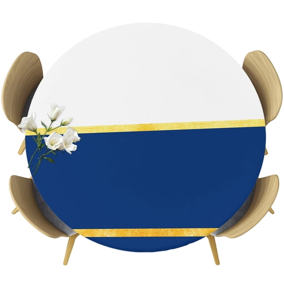 Modern Navy Blue Gold Round Tablecloth 55-60 Inch Round Fitted Table Cloth with Elastic Edge, Minimalist Geometric Yellow Striped Waterproof Table Cover Protector for Outdoor Picnic Party Dining