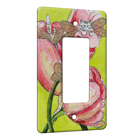 KuzmarK™ 1 Gang Rocker Wall Plate - Tiny Tiger Kitty Fairies with Tulips Fantasy Fairy Cat Art by Denise Every