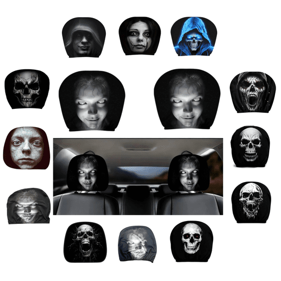 Scary Face Mask Car Headrest Covers, Funny Spooky Ghostface Car Accessories Halloween Auto Decor Stretchy Fit Machine Washable 2PC (D)