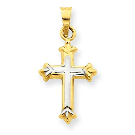 14k Yellow Gold & Rhodium Hollow Fleur de lis Cross Pendant
