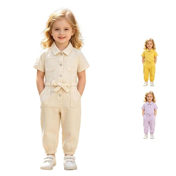JAJAHO Toddler Girls Jumpsuits Short Sleeve Button Front Collared Solid Color Ankle-Tied Summer Onesies 1-5Y