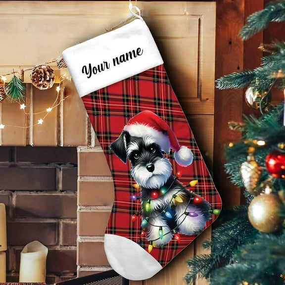 Lotusprinthandmade Personalized Schnauzer Dog with Christmas Light Christmas Stocking (M), schnauzer themed christmas stocking