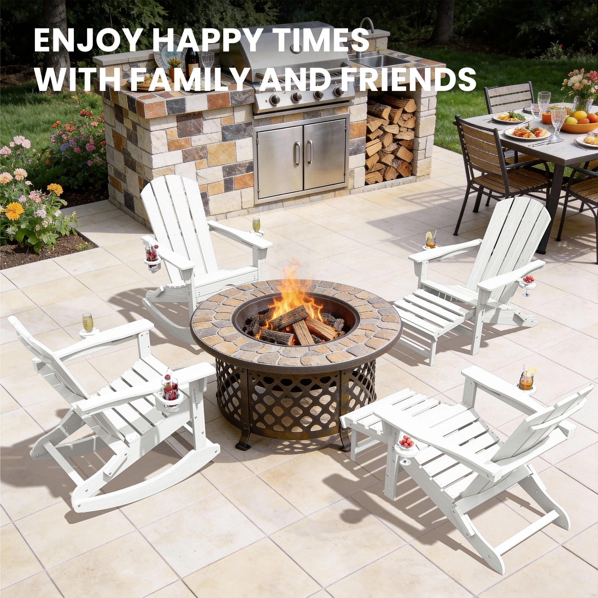KINGYES Adirondack Rocking Chair with Retractable Ottoman and Cup Holders, HDPE Adirondack Rocker, Patio Rocking Chair for Porch, Patio