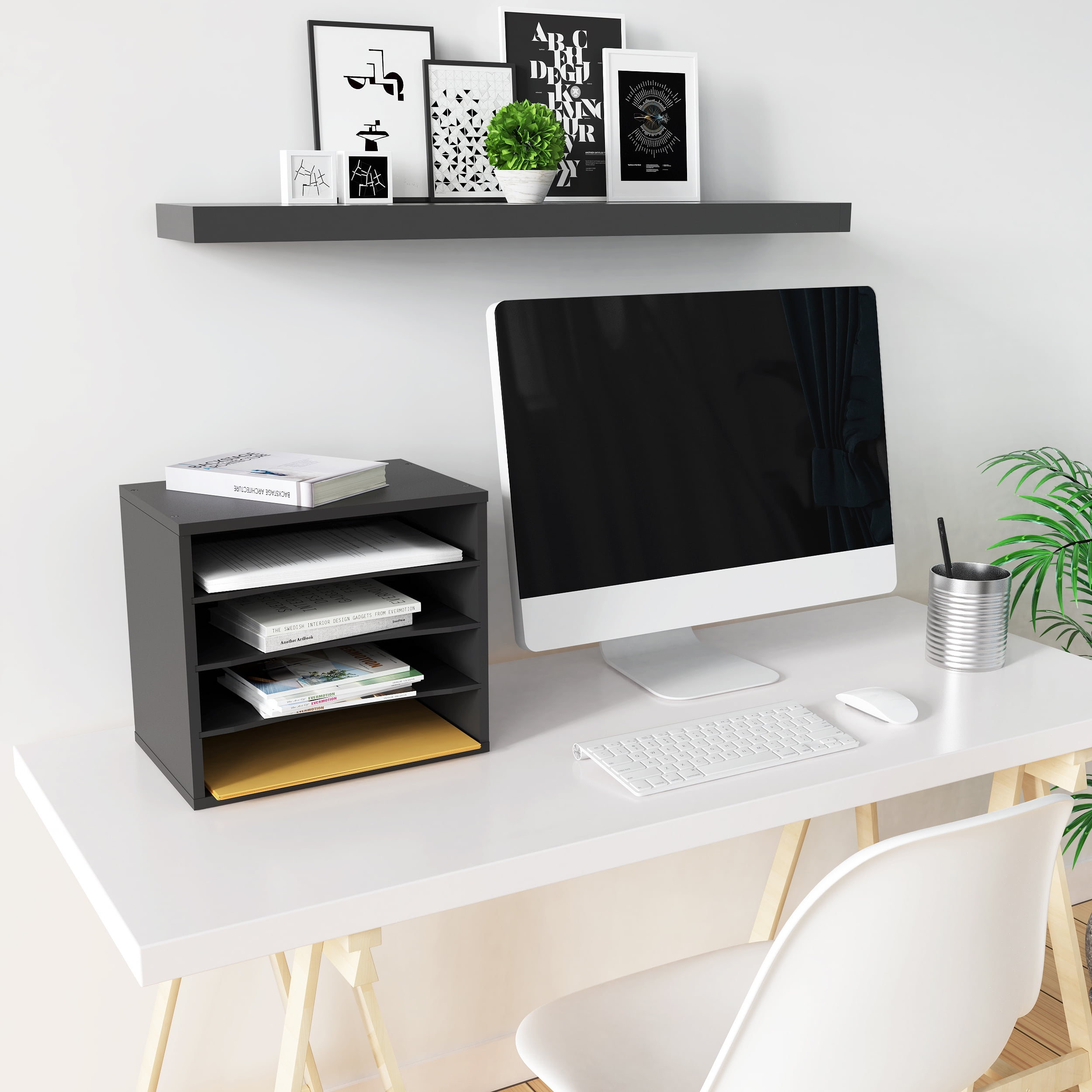 Ballucci 4-Tier File Paper Organizer, Wood Stackable Letter Tray with Adjustable Shelves, Black
