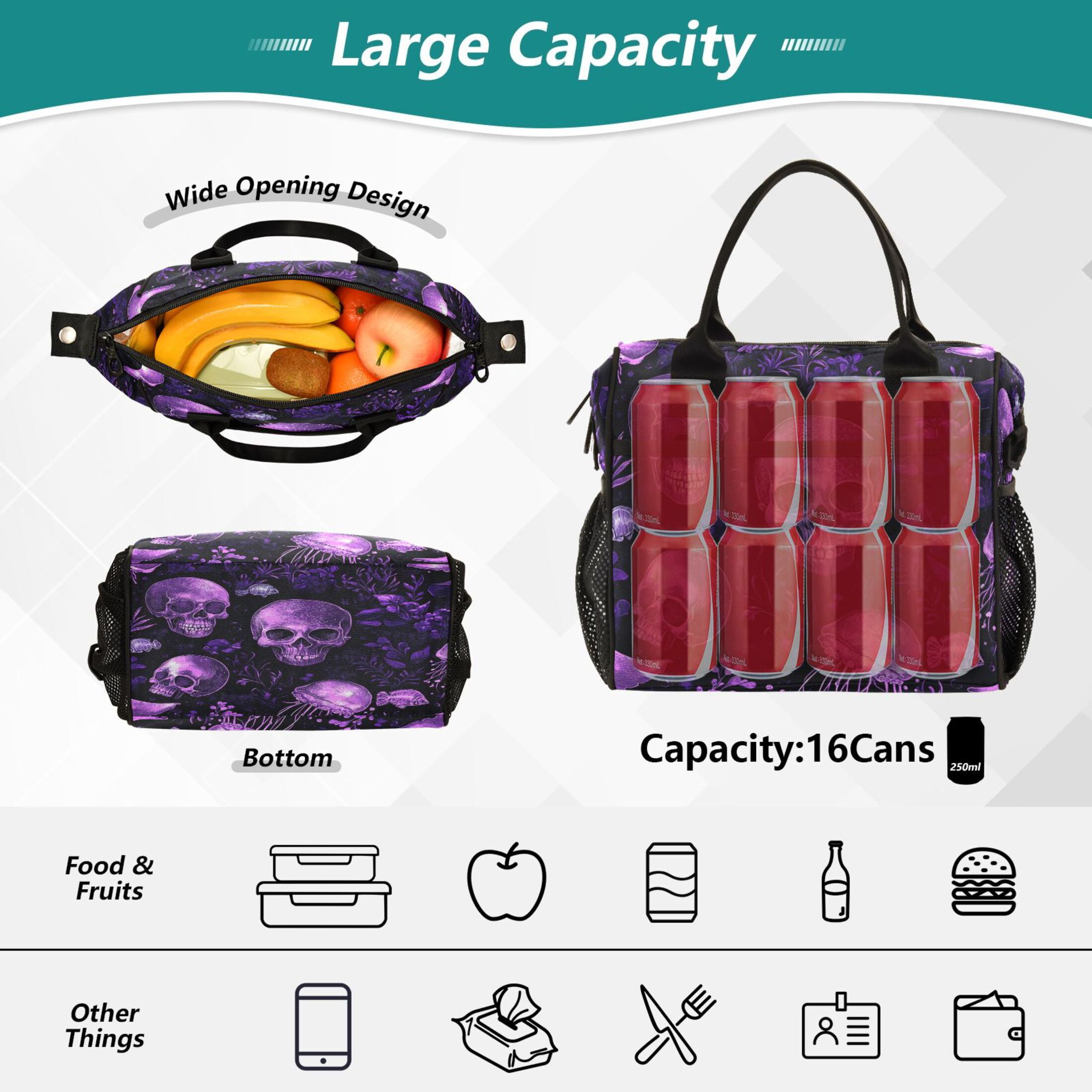 WOBOGO Skulls Jellyfish Purple Pattern Lunch Bag Large Capacity Leak Proof Insulation Soft Adult Men and Women Universal 11.8×11.4×6.2in