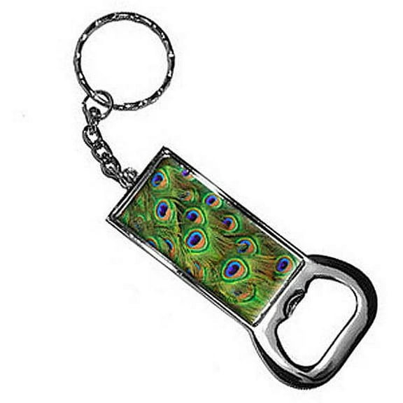 Peacock Tail Feathers Keychain Key Chain Ring Bottle Bottlecap Opener