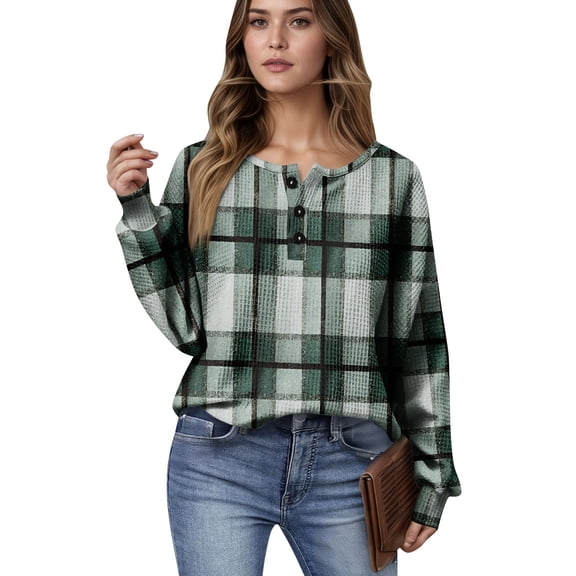 Women's Casual Shirts Long Sleeve Tops Button Up V Neck Loose Knit Fall Favorites For Women with Large Plaid Print Waffle Henley Shirt, Autumn Winter Fashion Comfortable Blouse,Dark Green,L