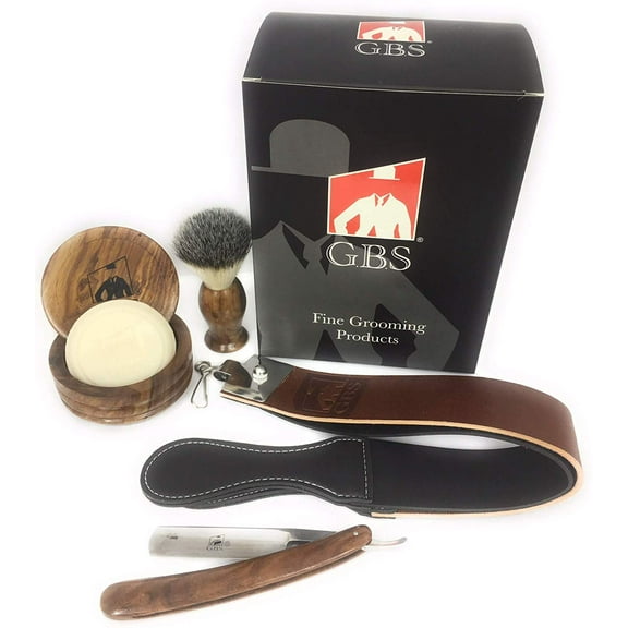 5 Piece Shaving Set - Soap, Wood Bowl, Wood Straight Razor and Wood Synthetic Brush