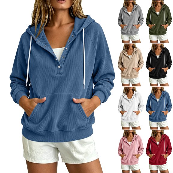 Women's Travel Hoodie Hooded Drawstring Corduroy Snap Button Design Pullover Fall Fashion Sweatshirts 2026 Outfits