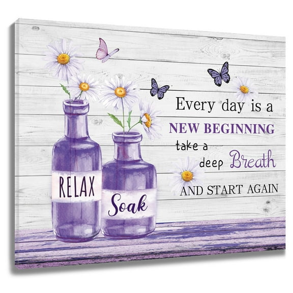 Floral Canvas Wall Art Purple Daisy Flower Plant Vase Farmhouse Inspirational Prints Posters Living Room Decor Rustic Vintage Home Art Bedroom Bathroom Office Wall Decor,12x12 Inches